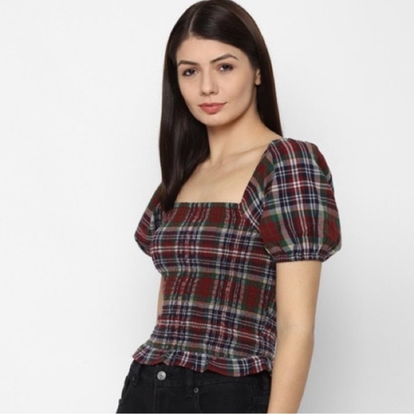 American Eagle Plaid| Puff Sleeve| Smocked Blouse - Picture 2 of 13